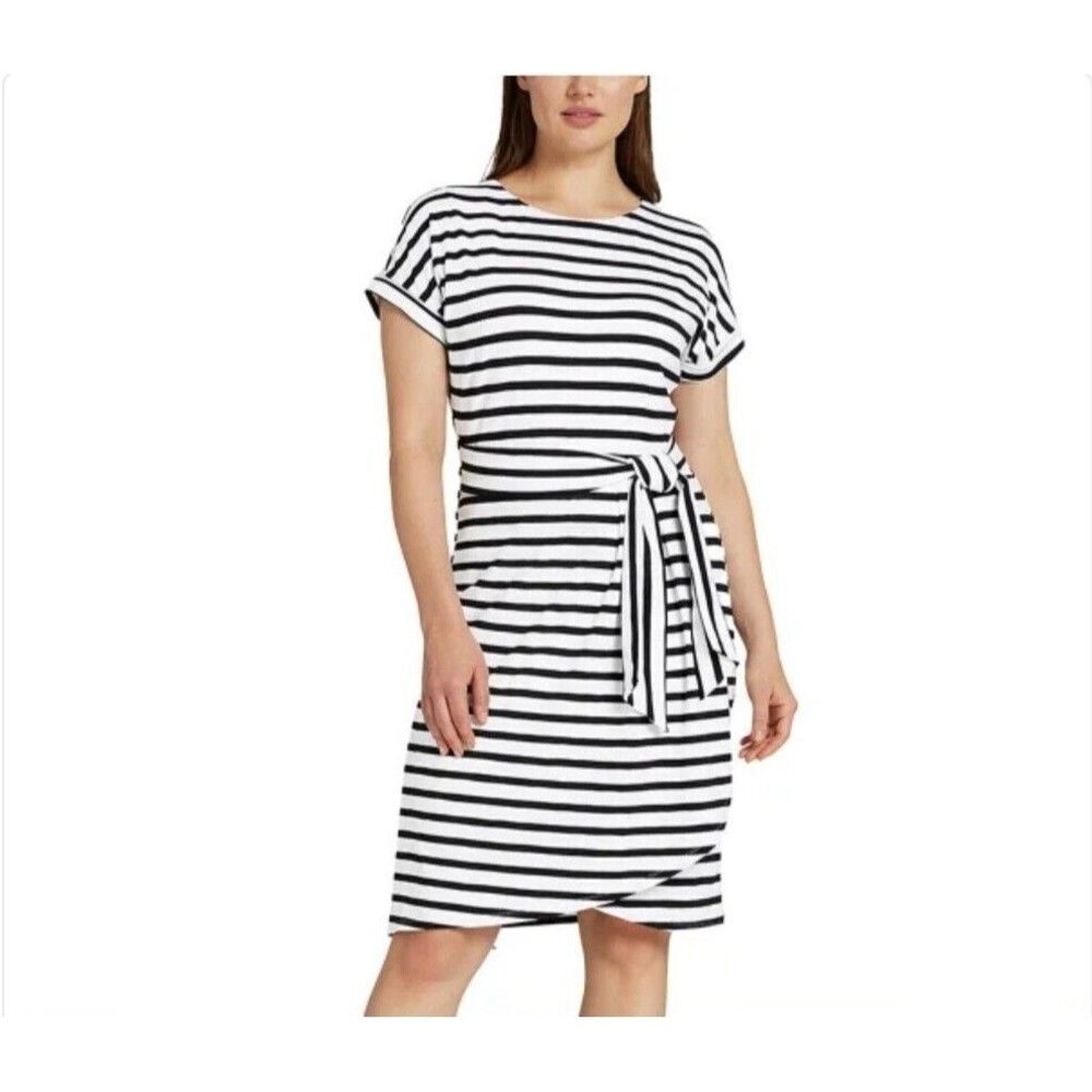 CHAPS Women's Crewneck Stretch Knit Dress Sash Belt Black White Stripe, Size S